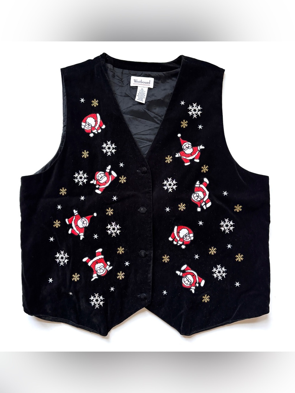 Christmas Santa Embroidered Vest Black Velvet Womens XL Vintage Red Snowflakes